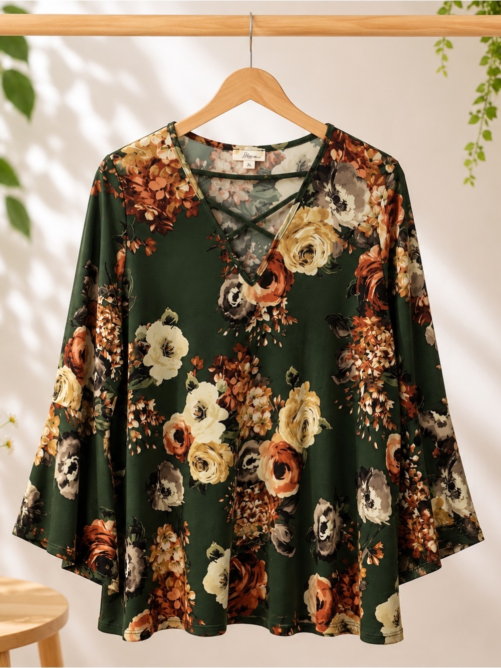 Misia| Olive Green Floral Crisscross V-Neck Tunic| 2X